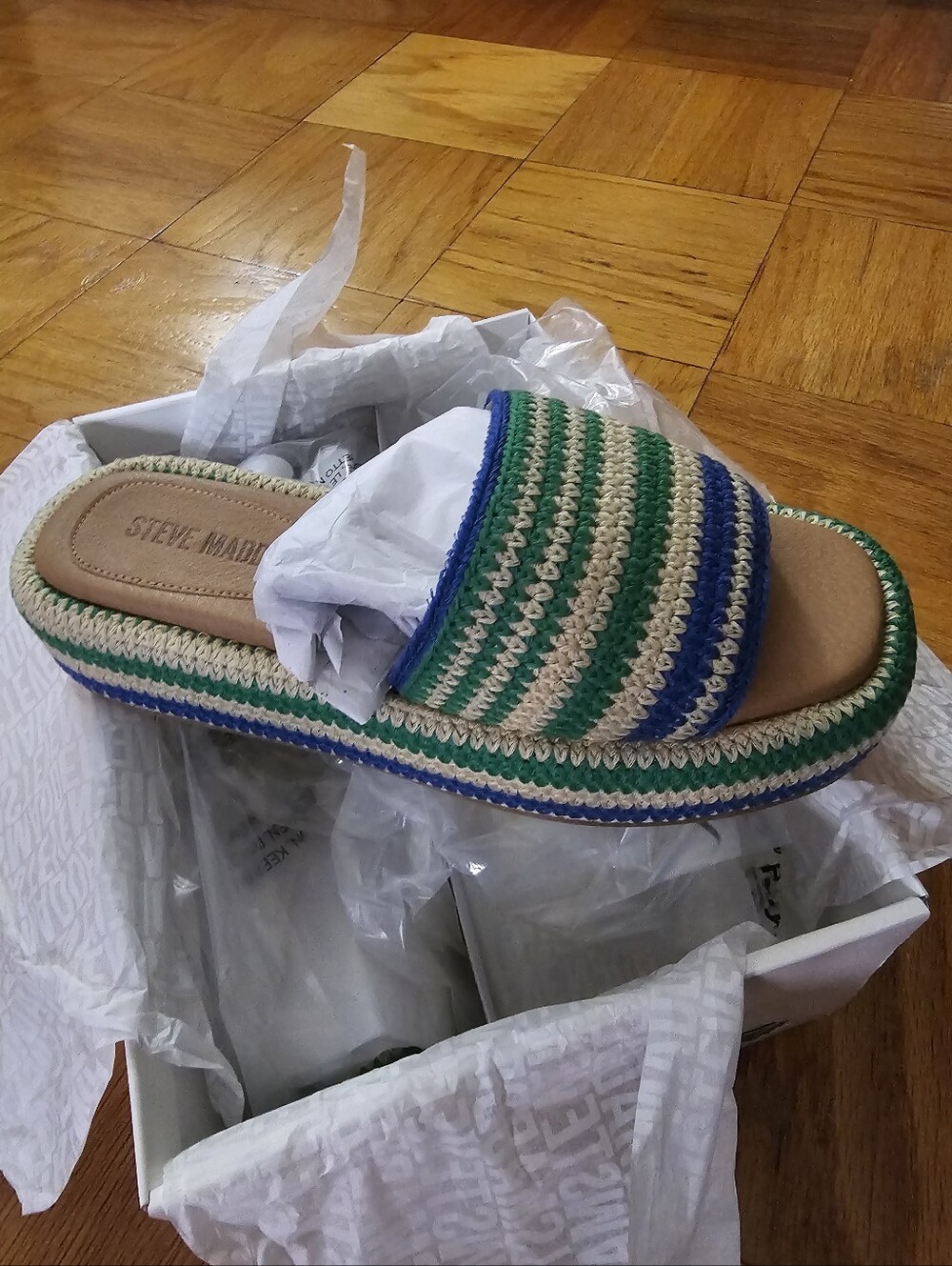 Steve Madden Blue Green Cream Crochet Slide Sandal